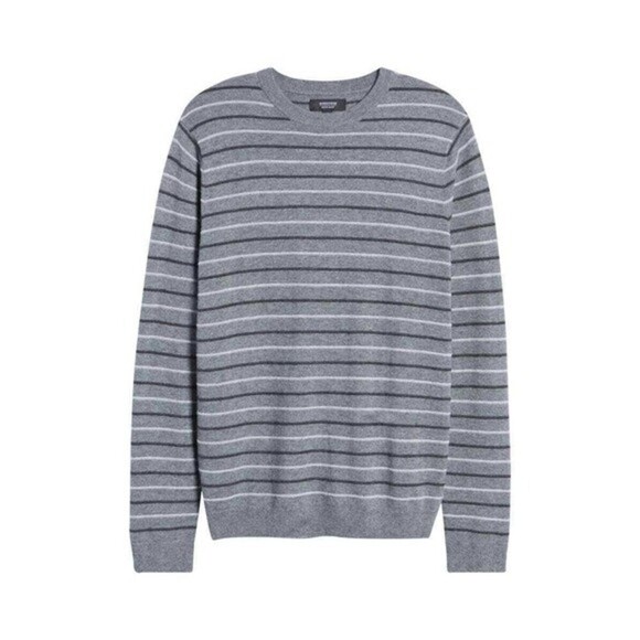 Nordstrom Sweater Mens Shop 2XL Gray Stripe Regular Fit Merino Wool Blend NWT - Picture 2 of 7